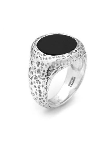 Anello Uomo GIOVANNI RASPINI Tondo in argento 925 martellato e onic...