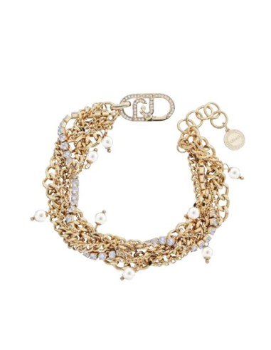 Bracciale multifilo LIU-JO in acciaio dorato con cristalli e perlin...