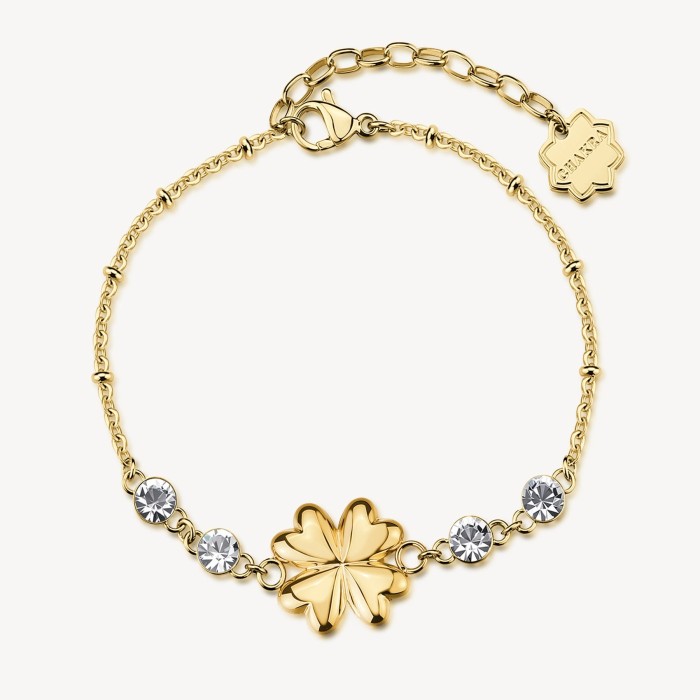 Bracciale BROSWAY Chakra Portafortuna in acciaio 316L dorato QUADRIFOGLIO BHKB287