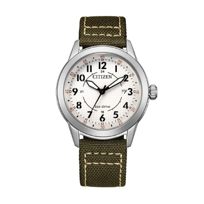 Orologio CITIZEN Eco-Drive Field AW1870-08A White  con cinturino in nylon verde e pelle marrone