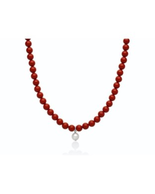 Collana MILUNA Terra e Mare in argento 925 con corallo rosso e perla pendente PCL6778