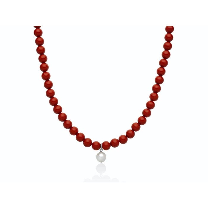 Collana MILUNA Terra e Mare in argento 925 con corallo rosso e perla pendente PCL6778