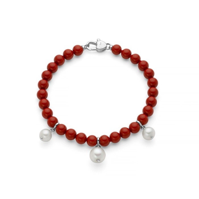 Bracciale MILUNA Terra e Mare in argento 925 con corallo rosso e perle pendenti PBR3739
