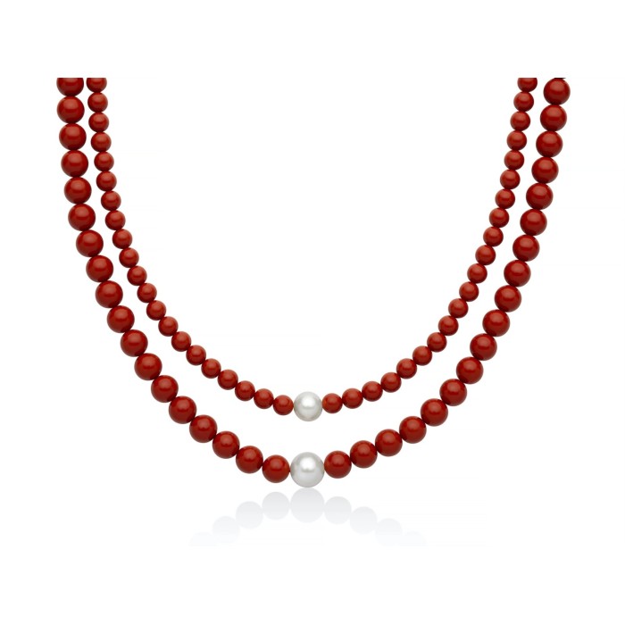 Collana doppio filo MILUNA Terra e Mare in argento 925 con corallo rosso e perle PCL6786