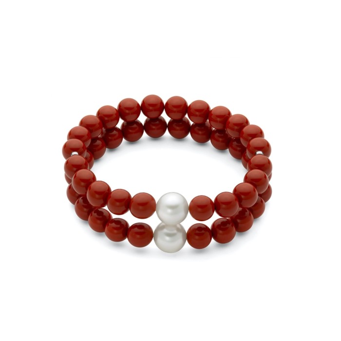 Bracciale doppio filo MILUNA Terra e Mare in argento 925 con corallo rosso e perle PBR3743