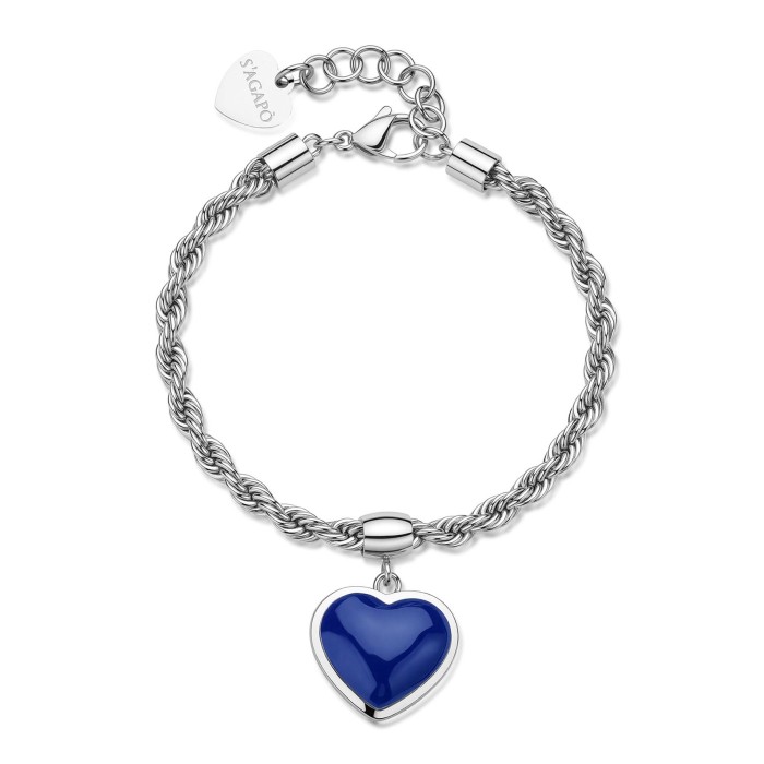 Bracciale catena torchon S'AGAPO Madame SDM11 in acciaio 316L con charm Cuore e smalto blu