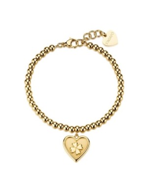 Bracciale con sfere S'AGAPO Duh Duh SUH26 in acciaio 316L dorato pendente cuore simbolo quadrifoglio