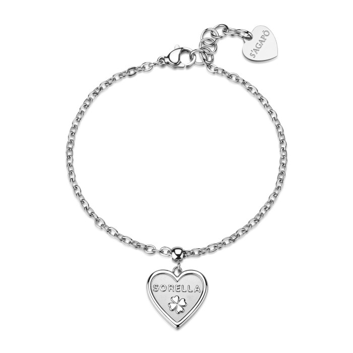 Bracciale S'AGAPO Duh Duh SUH15 in acciaio 316L pendente cuore scritta Sorella