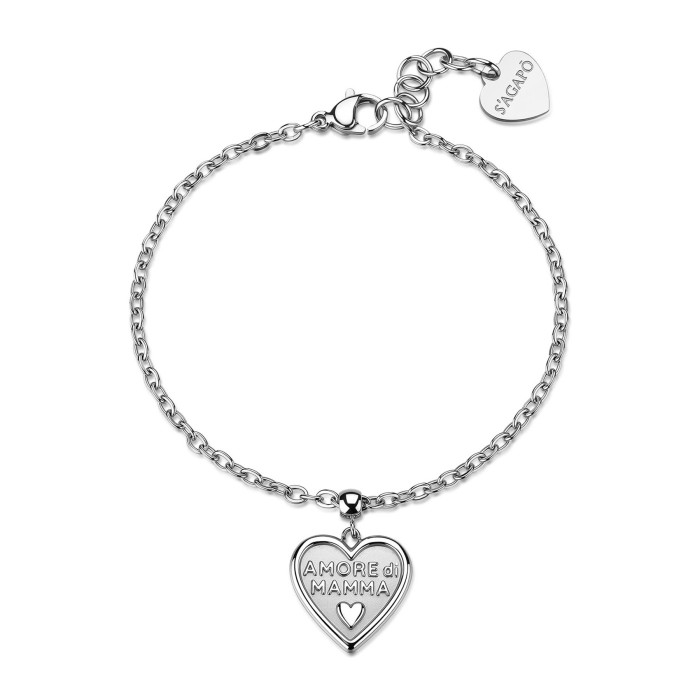 Bracciale S'AGAPO Duh Duh SUH16 in acciaio 316L pendente cuore scritta Amore di Mamma