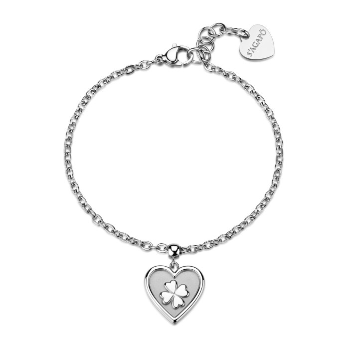 Bracciale S'AGAPO Duh Duh SUH17 in acciaio 316L pendente cuore simbolo quadrifoglio